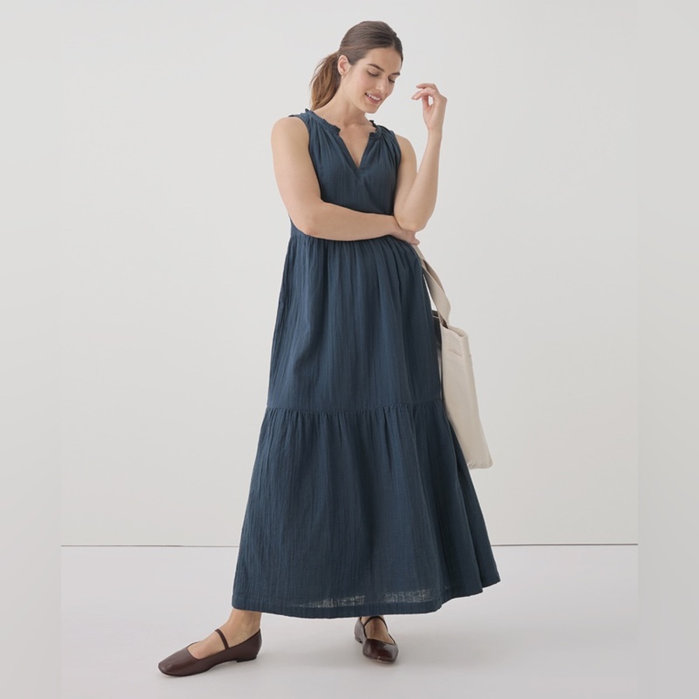 NWT✨ PACT organic French Navy Coastal Double Gauze Ruffle Maxi Dress - Picture 8 of 12